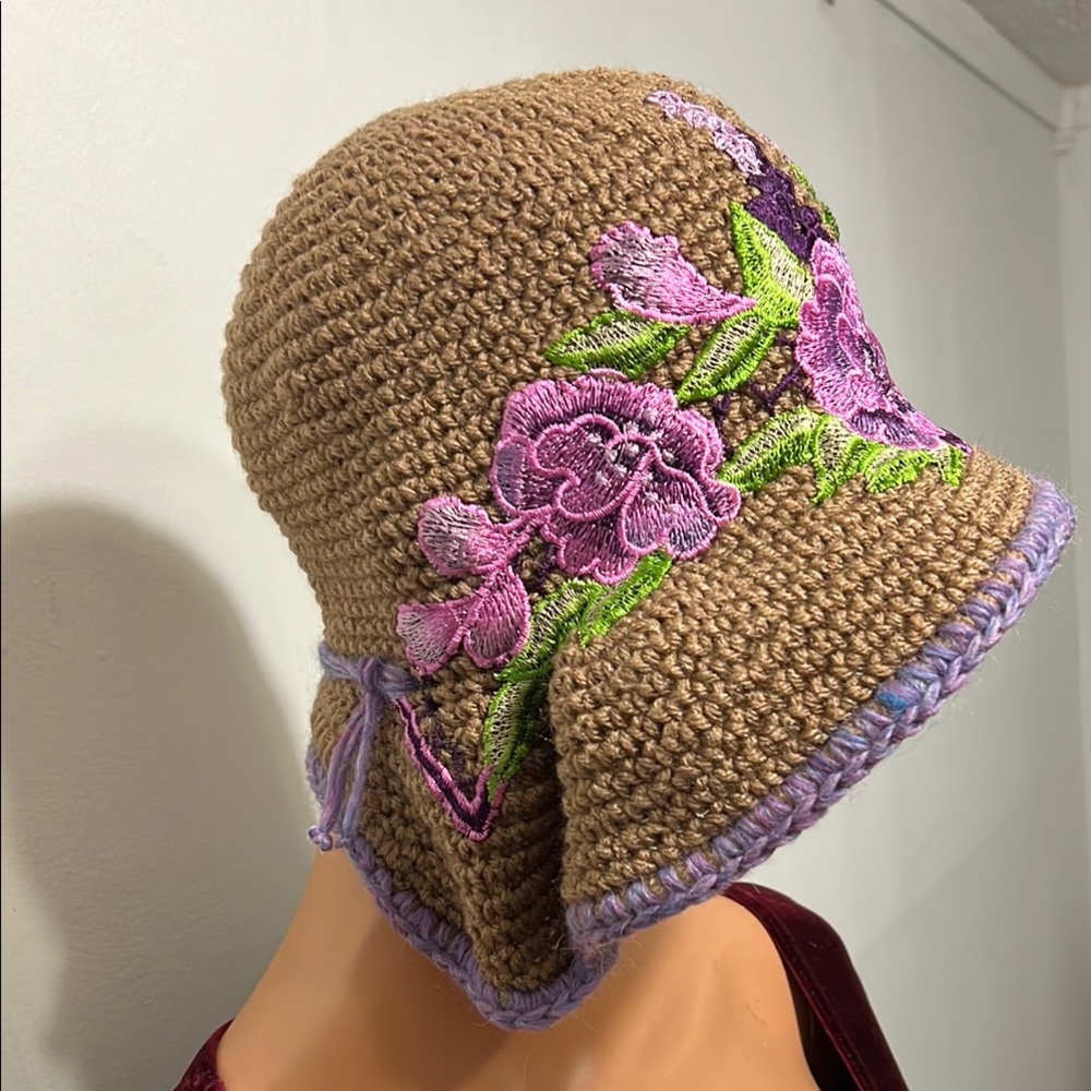 Chic Floral Embroidered Crochet Hat In Cafe Latte/Brown And Purple View 6